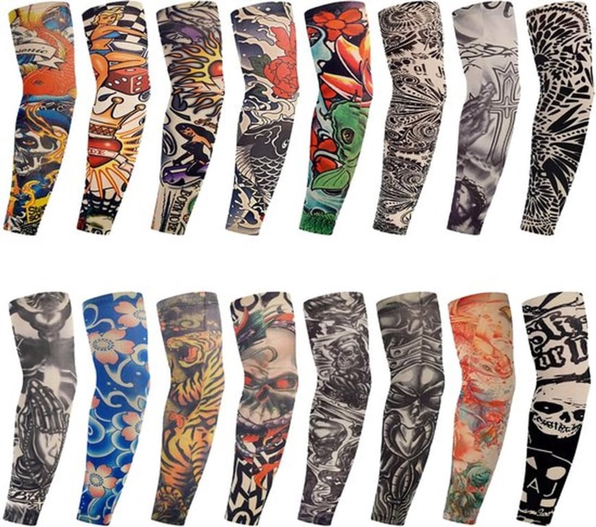 Tattoo-mouwen 16 stuks - Tattoo-afdekking - Armmanchetten voor mannen/vrouwen - Zonwering - Carnaval - Hittebestendig (40 x 8,5 cm)