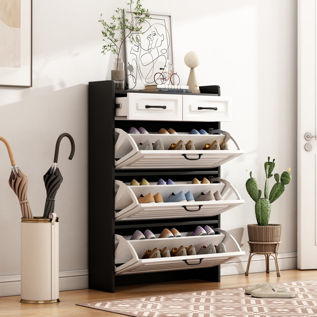 COVREO Schoenenkast 80 x 23,5 x 131 cm – wit zwart, spaanplaat, 3 kleppen en 2 lades