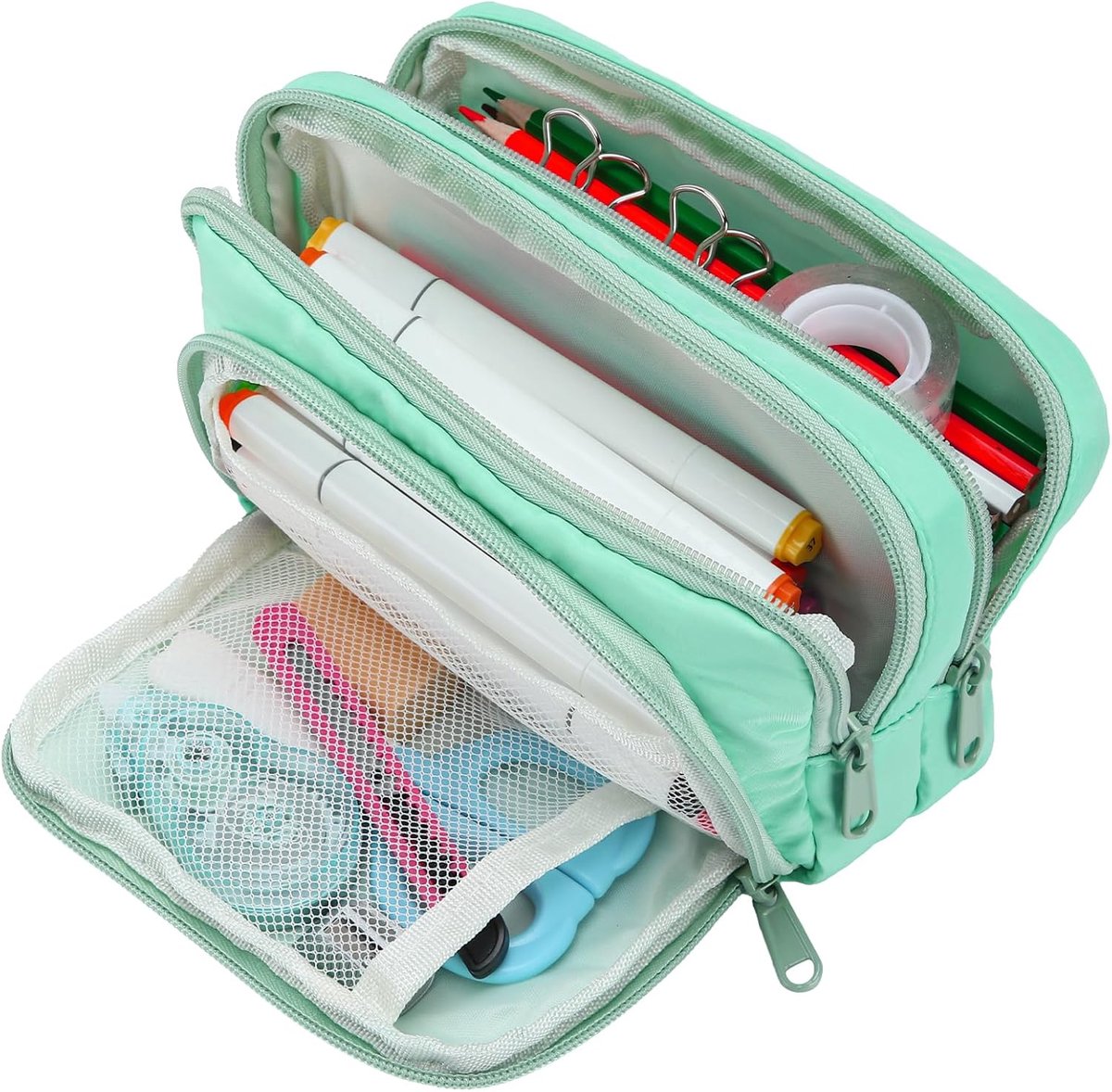 Pennenetui, grote pennenzak met 3 vakken, etui voor school- en kantoorbenodigdheden, groen - ShopVlot
