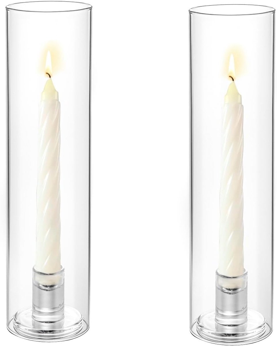 SnelShoppen - Hurricane Glazen Kaarsenhouders Set van 2, 11,8 inch Transparante Kandelaar Houder voor Taper Kaarsen, Hoge Glazen Kaarsenhouders voor T