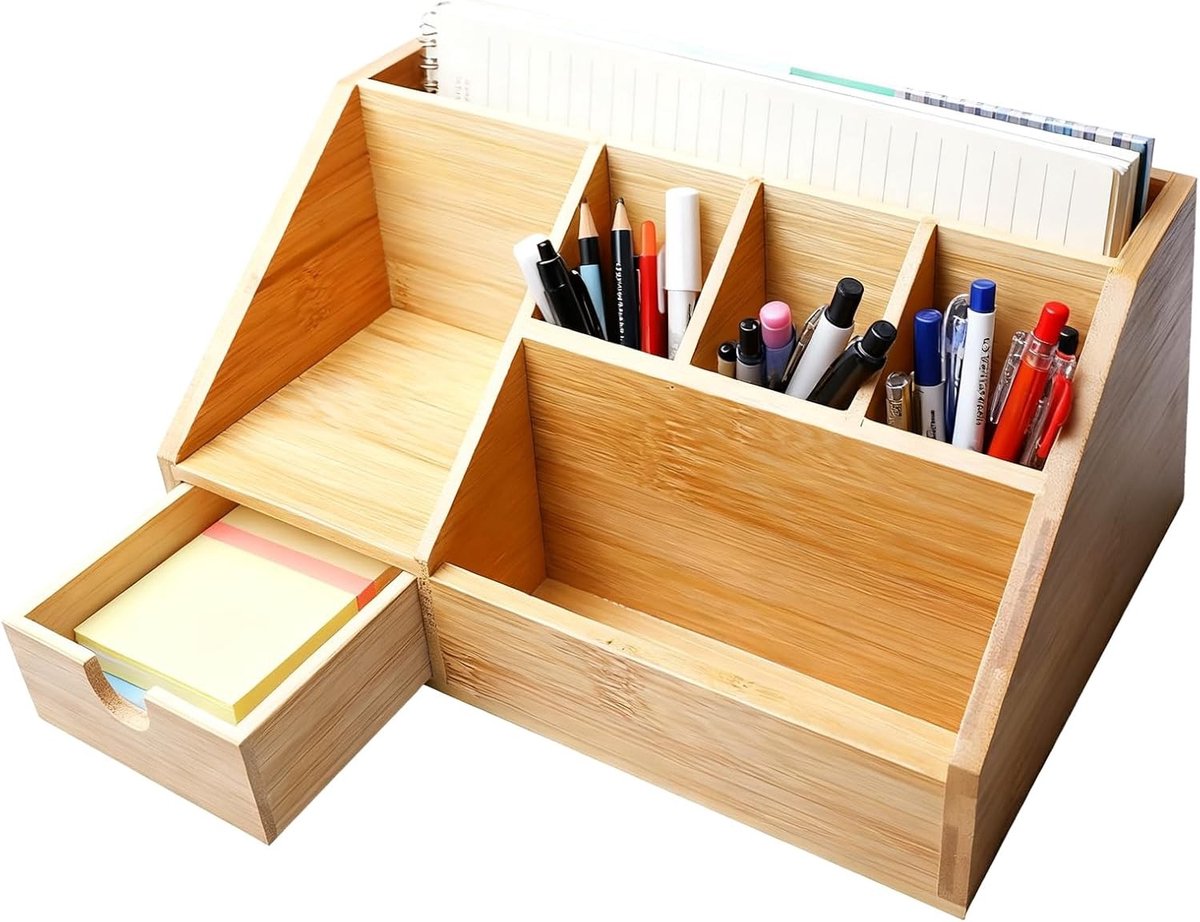 Bamboe Bureau Organizer met Lade - Houten Pennendoos en Bureau Organizer voor Thuis en Kantoor - Ruimtebesparende Opbergoplossing 24.5 x 15 x 11 cm