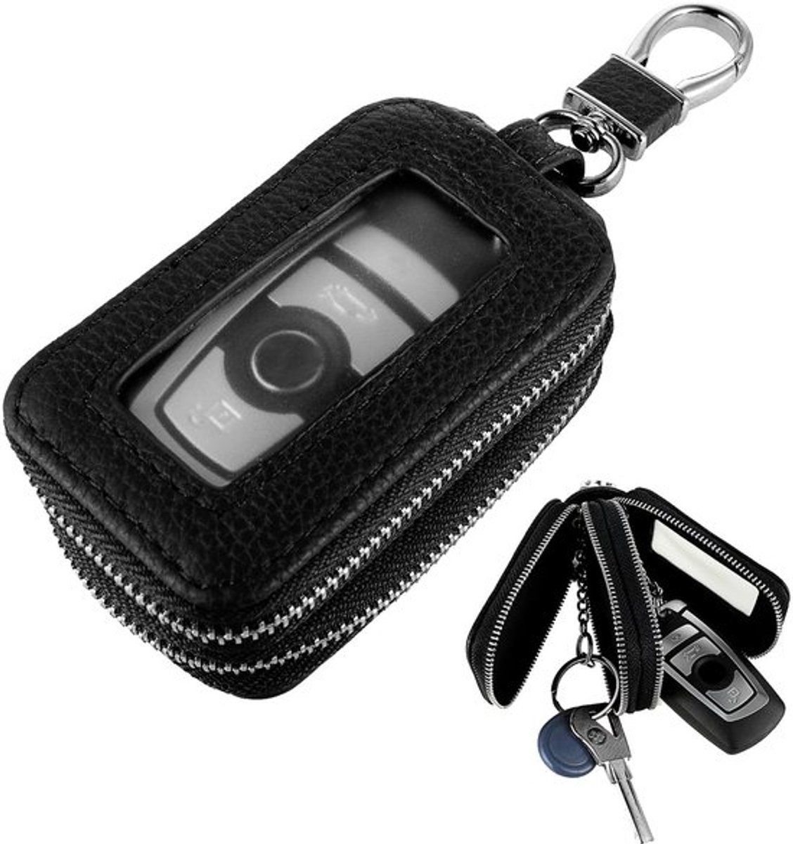 Autosleutelhoes Dubbellaags - Echt Lederen Sleutelhangerbeschermer - Sleutelhanger met Karabijnhaak - Auto-accessoires - 9 x 5,3 x 4,2 cm