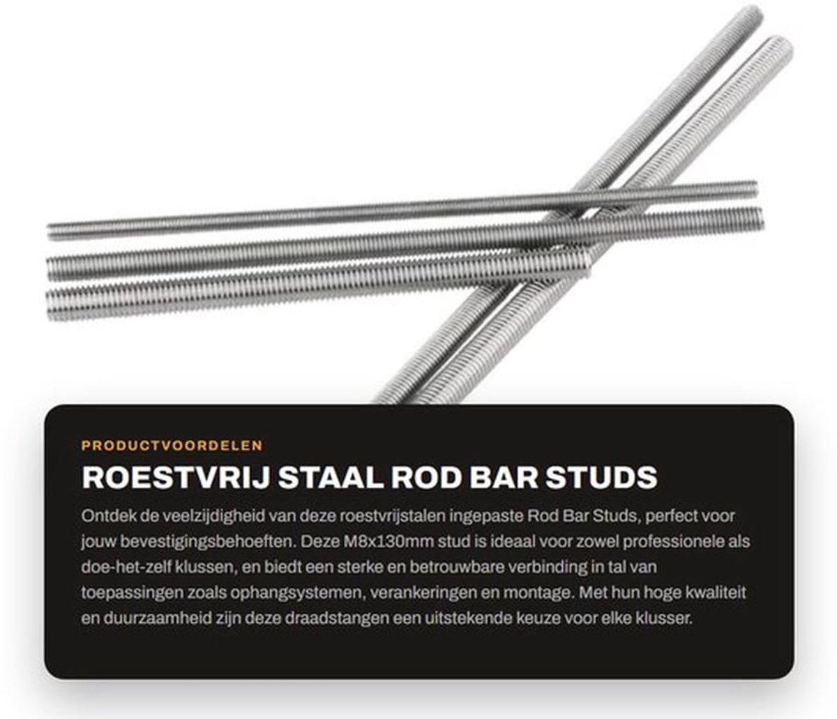 Rod Bar Studs M8x130mm - Roestvrij Staal - 2 Stuks - Draadstang - Duurzaam - Hoge Kwaliteit