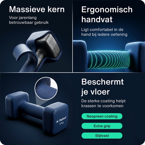 Close-up van blauwe 5kg dumbbell met neopreen coating. Massieve kern, ergonomisch handvat, beschermt vloer.