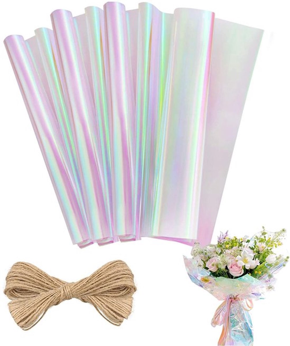 Rainbow Flowers Inpakpapier - iriserende cellofaanrol, 10 stuks (50 x 60 cm)