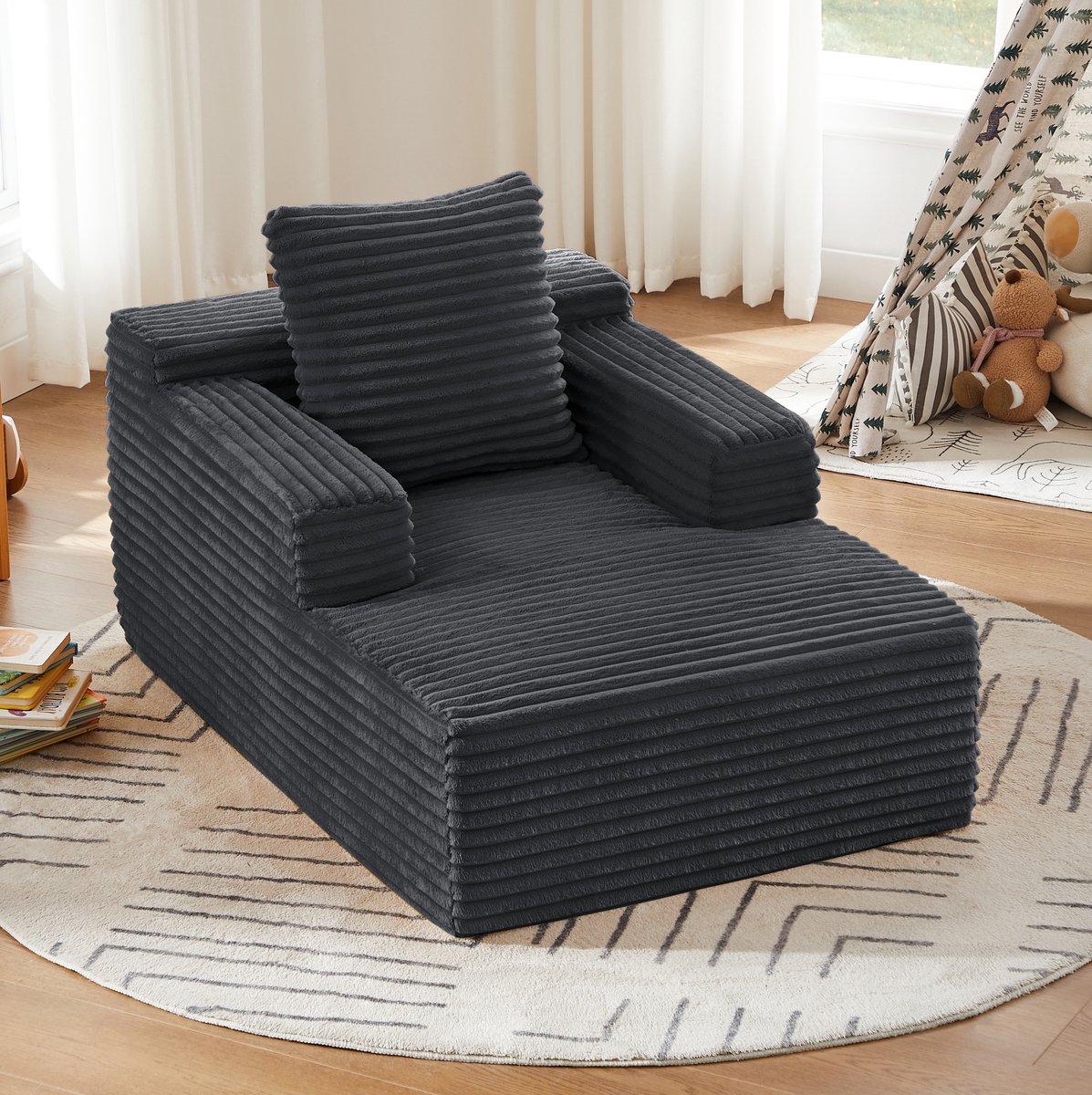 OKWISH Chaise Longue - 1-Zits Relaxstoel En Slaapsofa Zonder Montage - Comfortabele Vulling - Woonkamer Of Kantoor - Ribstof - Donkergrijs