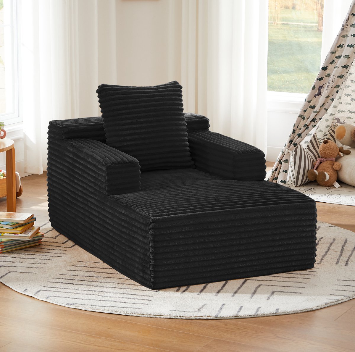 OKWISH Chaise Longue 117 x 81 x 50 cm - Zonder Montage, 1-Zits Relaxfauteuil En Slaapsofa - Ribstof - Zwart