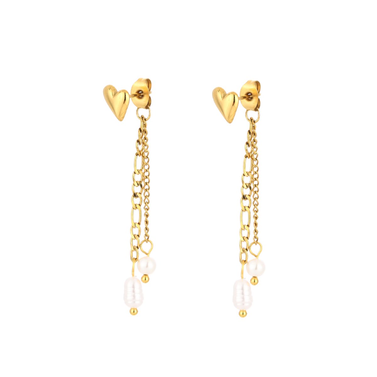 Stainless Steel Heart Pearl Chain Earrings – Luxe Hart Oorbellen met Ketting en Parels 4,5 cm – RVS