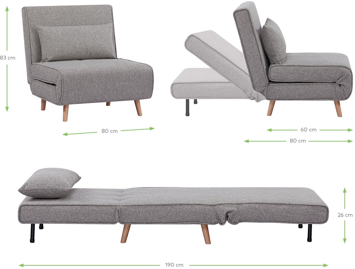 SnelShoppen - Transformeerbare Slaapstoel Relaxstoel met Matras en Gevoerd Kussen, 1-zitsbank met Houten Poten, Grijs, Foldy 80 voor Woonkamer, Logeer