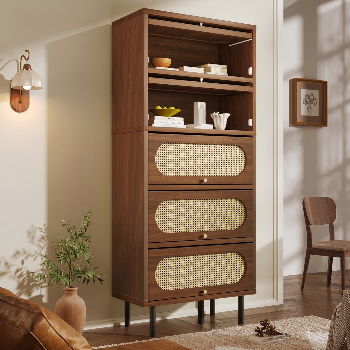 DESMIU Buffetkast - Notenhoutlook Met Rotan Kleppen En Verborgen Opbergruimte - Voor Woonkamer Hal En Keuken - Hout En Metaal - 80x40x163 Cm