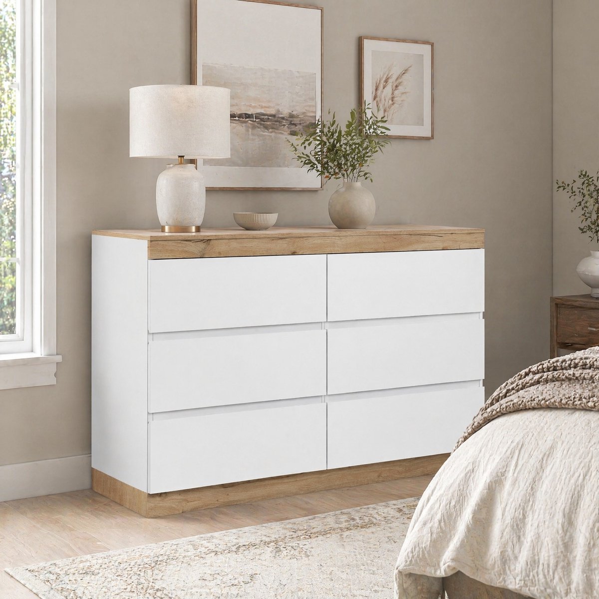 MODFU - Dressoir - 6 Lades - Klassiek - Slaapkamer - Spaanplaat - Wit Eikenlook