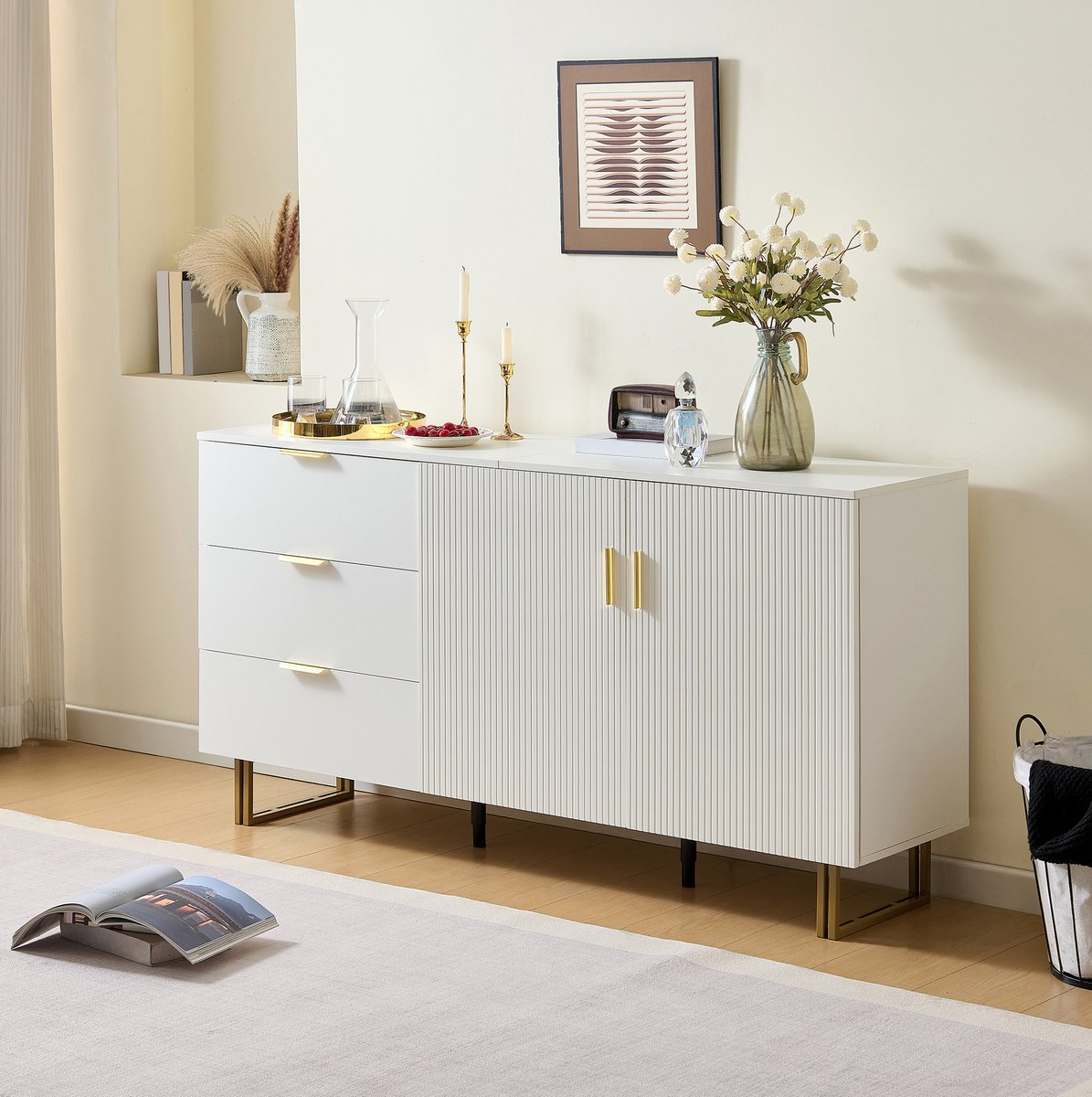 DESMIU Dressoir - Modern Opbergmeubel Met 2 Deuren En 3 Laden - Voor Woonkamer En Eetkamer - MDF - 160x40x81,5 Cm - Wit