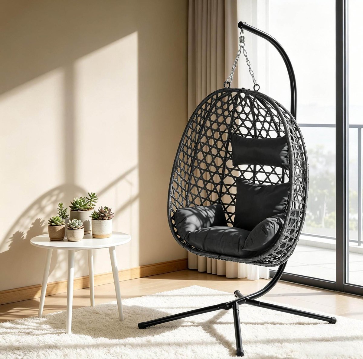 OKWISH Fauteuil – Hangstoel Met Standaard 105 x 105 x 195 cm – Handmatig Hoogteverstelbaar & 360° Schommelend – Voor Woonkamer, Balkon Of Tuin – Metaal En Rotan – Antraciet