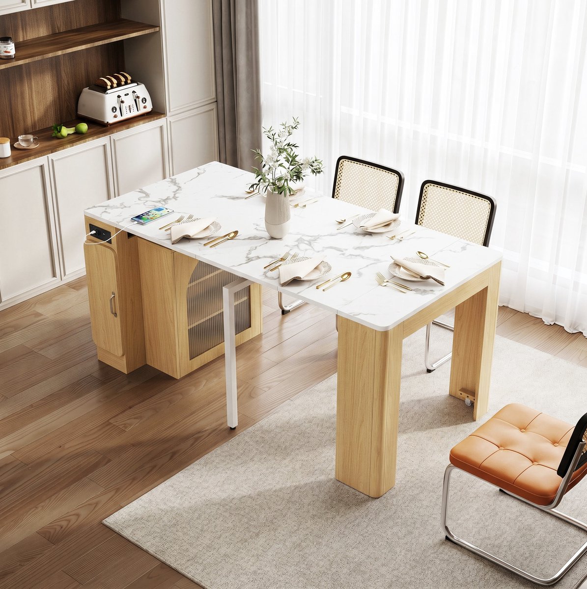 DESMIU Eettafel - Uitschuifbare Keukeneiland Met Opbergruimte En Stopcontact - Voor Keuken En Eetkamer - MDF En Spaanplaat - Naturel