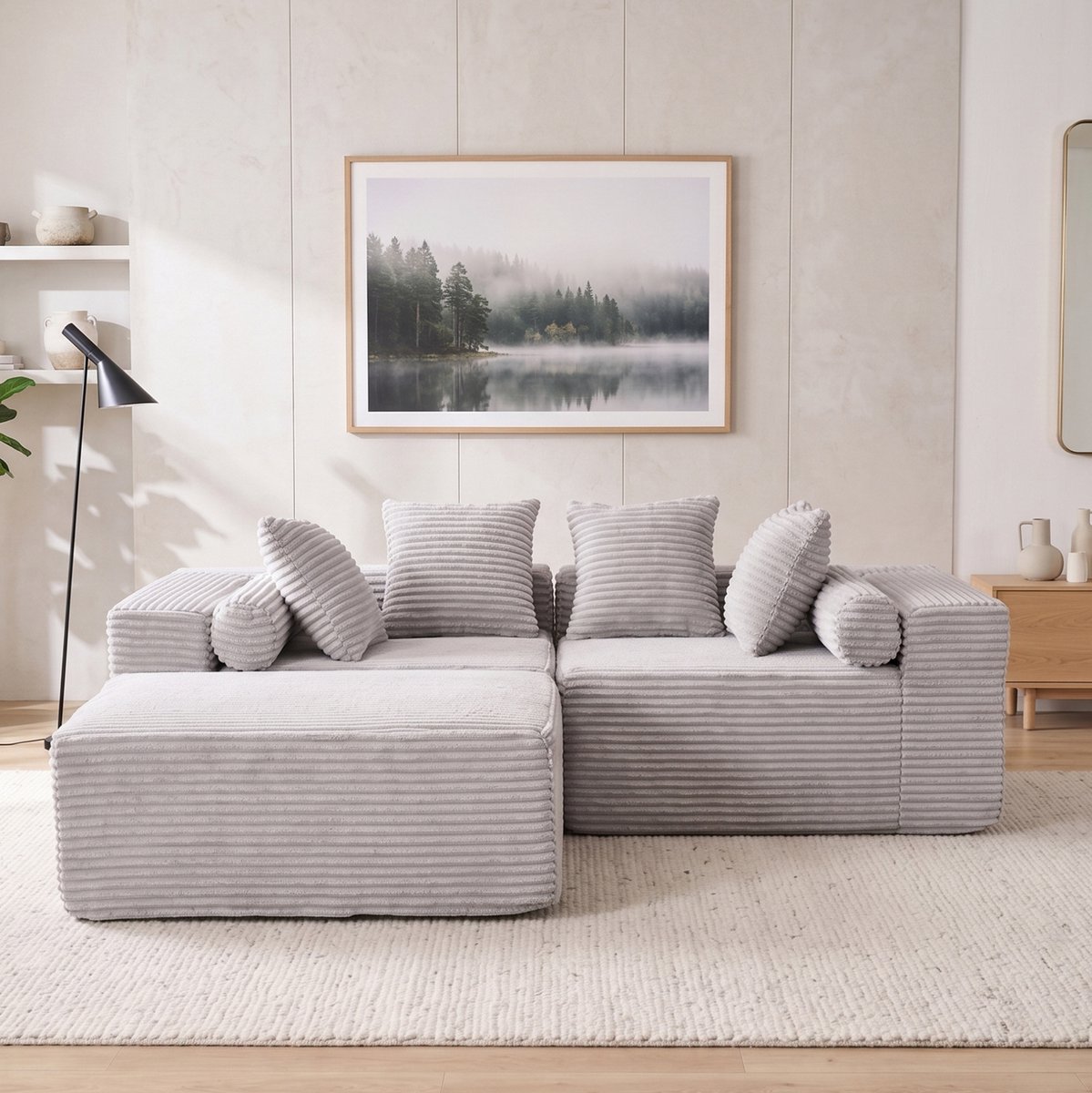 OKWISH Hoekbank 266 x 110 x 60 cm - Modulaire 3-Zits Met L-vormige Lounge - Zonder Montage Voor Woonkamer of Slaapkamer - Chenille - Grijs