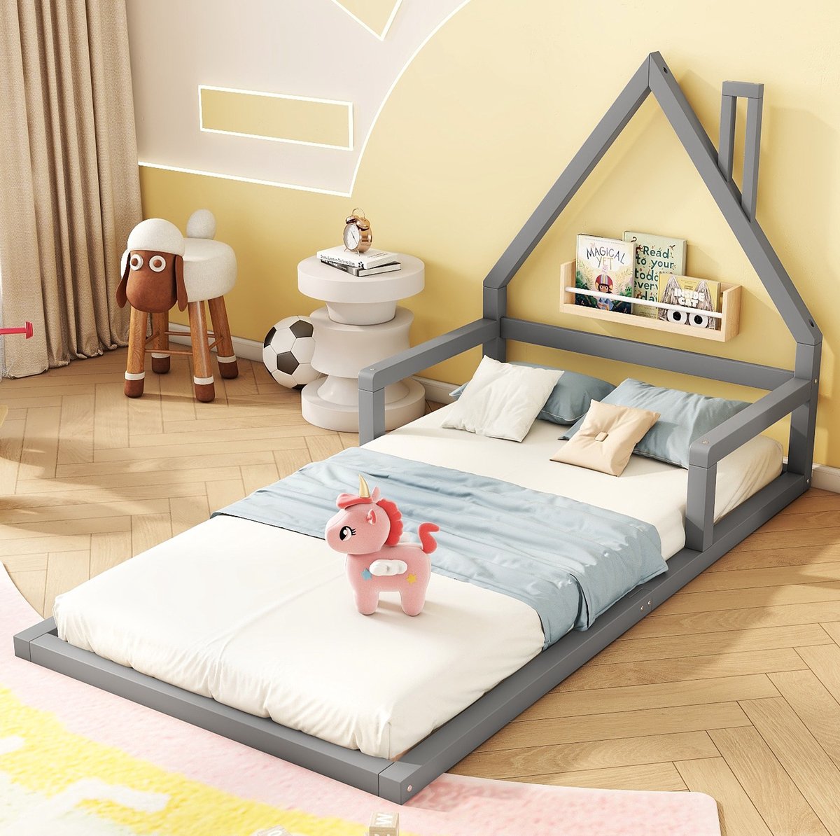 COVREO Kinderbed 209x99x107 cm – grijs, huisvorm, grenenhout en MDF, voor matras 90x200 cm