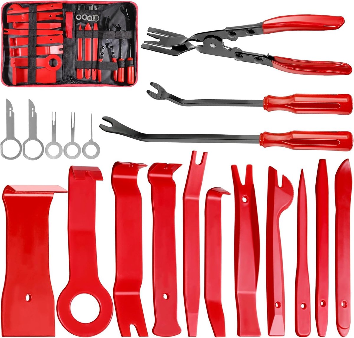 Auto trim removal tool-auto Trim Verwijdering Gereedschap-19-delige renovatie- en demontagegereedschapset - Automatische klem- en wriktool reparatieset - Reparatieset - Gereedschap voor het verwijderen van klemmen - Rood - 30 cm