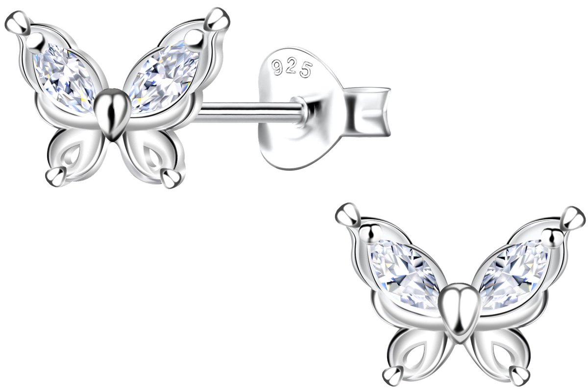 Joy|S - Zilveren vlinder oorbellen - 7 x 6 mm - massief - zirkonia marquise - vlindertje - sterling zilver 925 - elegante oorknopjes voor dames