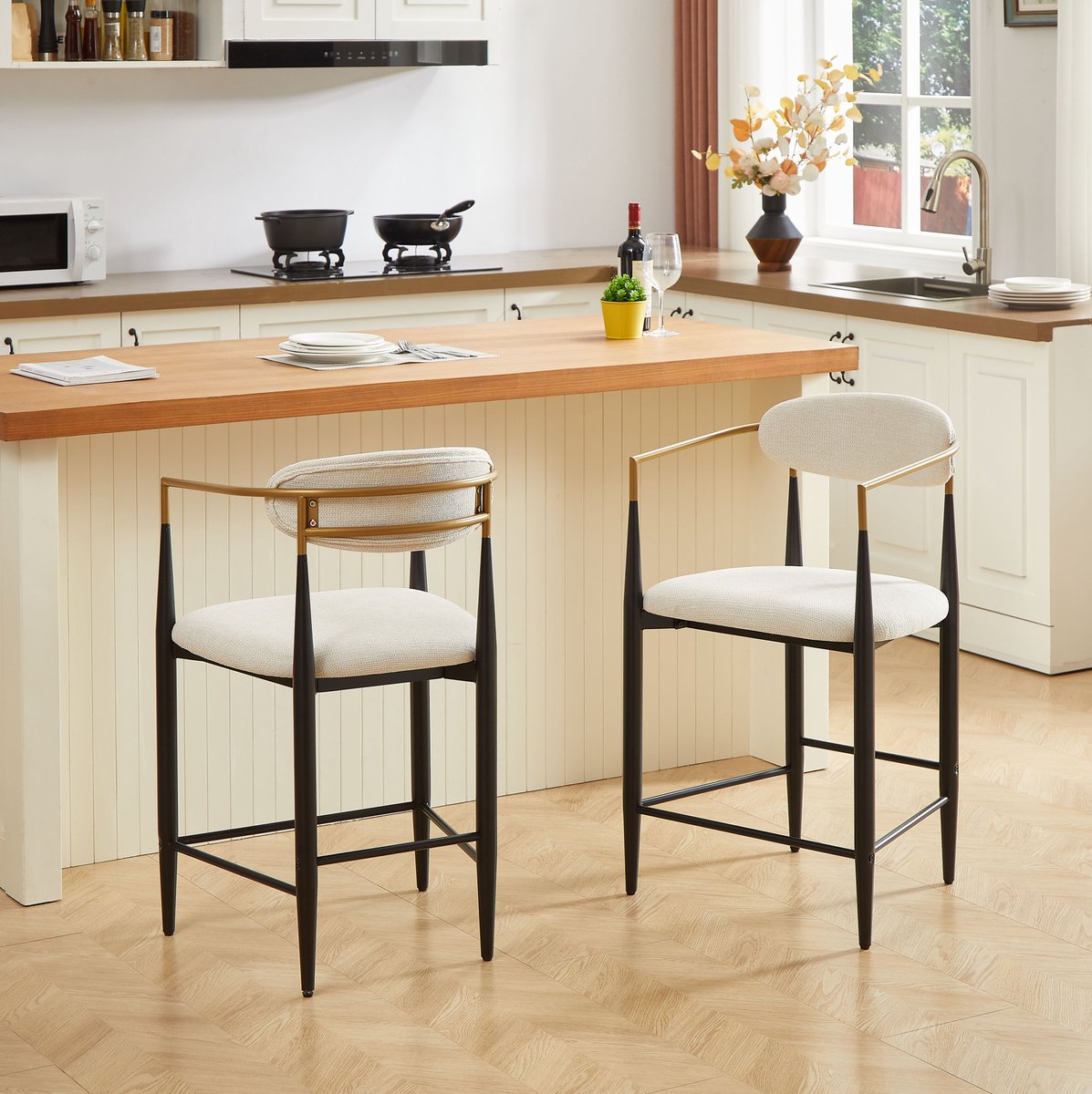 MEUNIQ Set van 2 barkrukken met armleuningen en rugleuning, 94 cm hoog, zwart metalen frame, beige stoffen zitting, retro-vintage voor keuken of kookeiland
