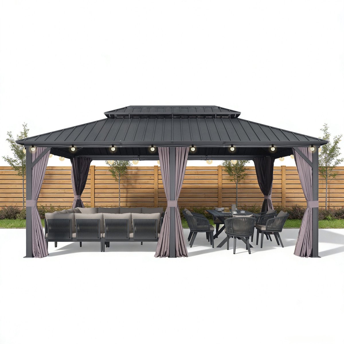PURPLE LEAF Essential Hardtop Tuinpaviljoen met LED-verlichtin – Gegalvaniseerd Stalen Dak – Aluminium Frame – Gordijnen en Klamboe – Grau