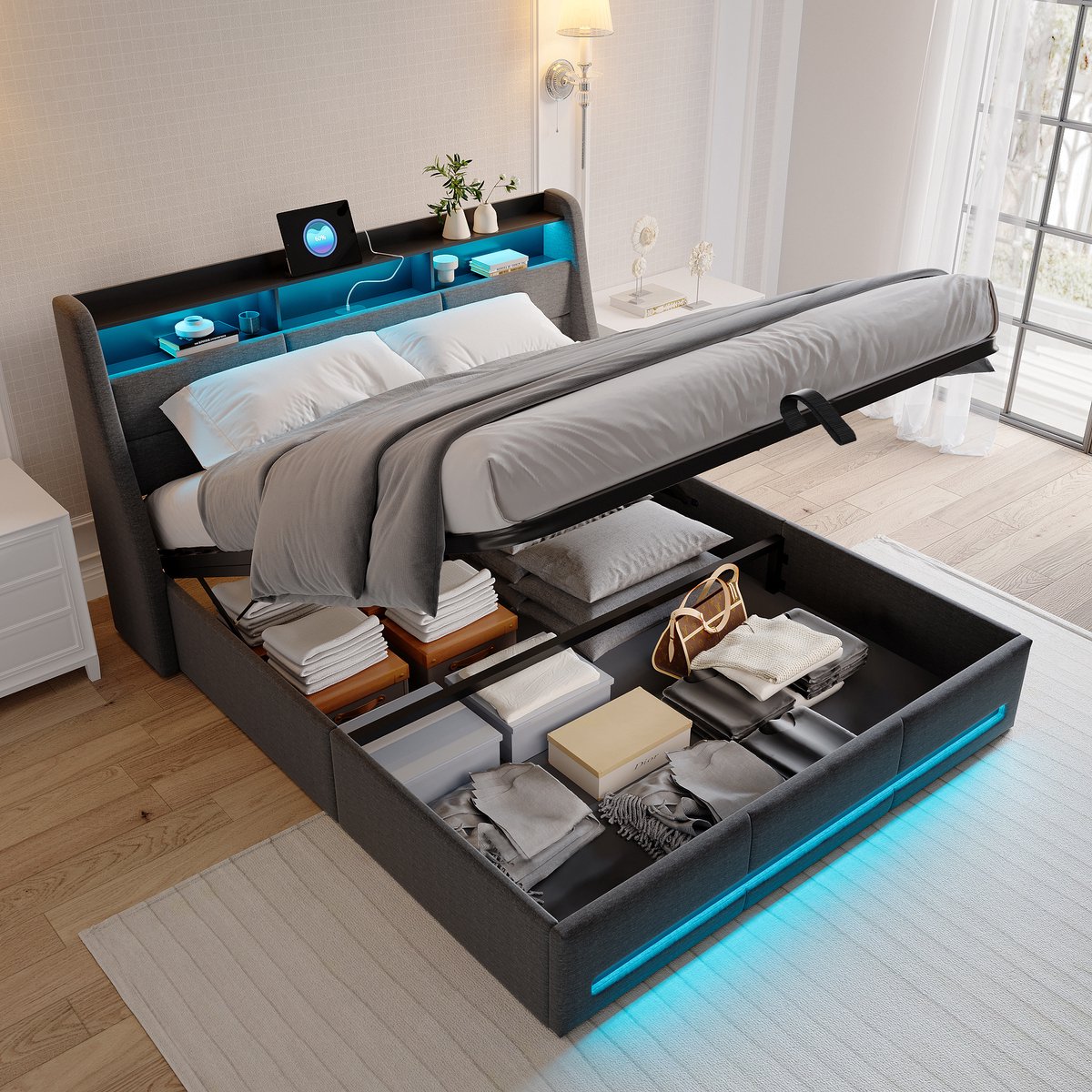 Tweepersoonsbed 140x190 cm, volwassen opbergbed met gasveer en led verlichting, gestoffeerd bedframe met lattenbodem, linnen bekleding grijs, zonder matras