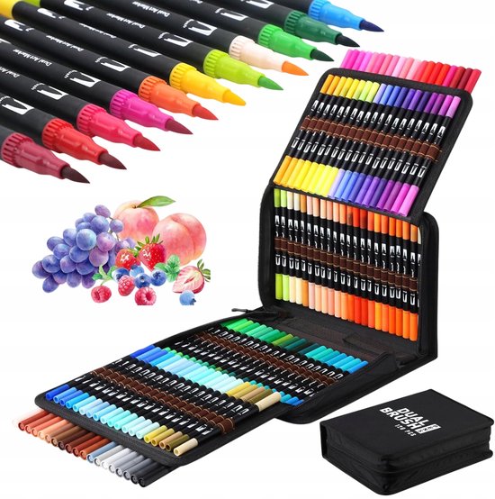 Set van 120 dual brush pennen in een open etui, met een gesloten etui en vruchten ernaast. Stiften zijn geordend per kleur.