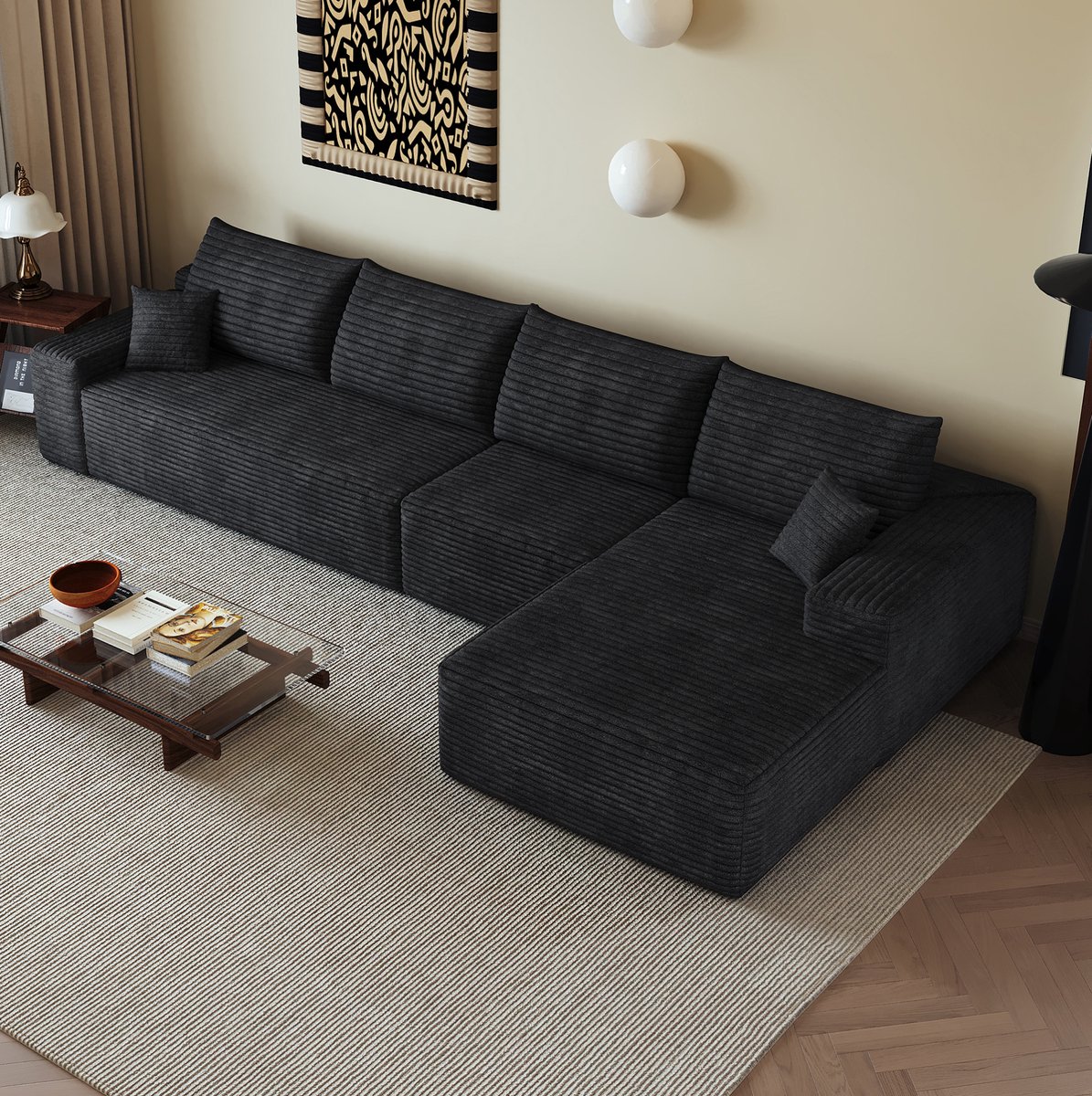 OKWISH Hoekbank 340 cm - Modulaire L-Vormige Chaiselongue Zonder Montage - Diepe Zitting Voor Woonkamer Of Slaapkamer - Stof - Zwart