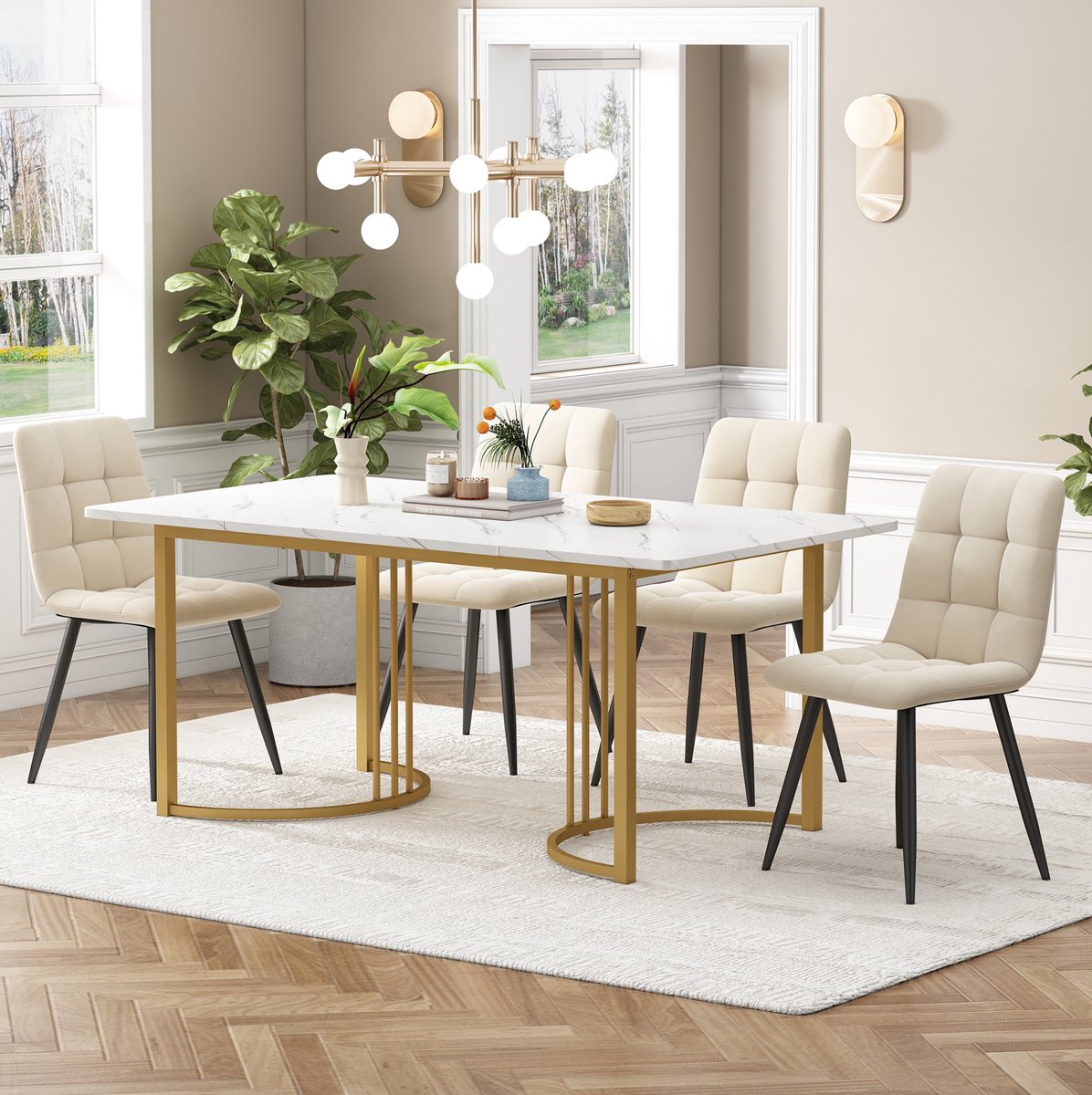 MEUNIQ 5-delige eetkamerset met 140 x 80 cm rechthoekige eettafel, 4 fluwelen stoelen, witte MDF-tafel met gouden metalen poten
