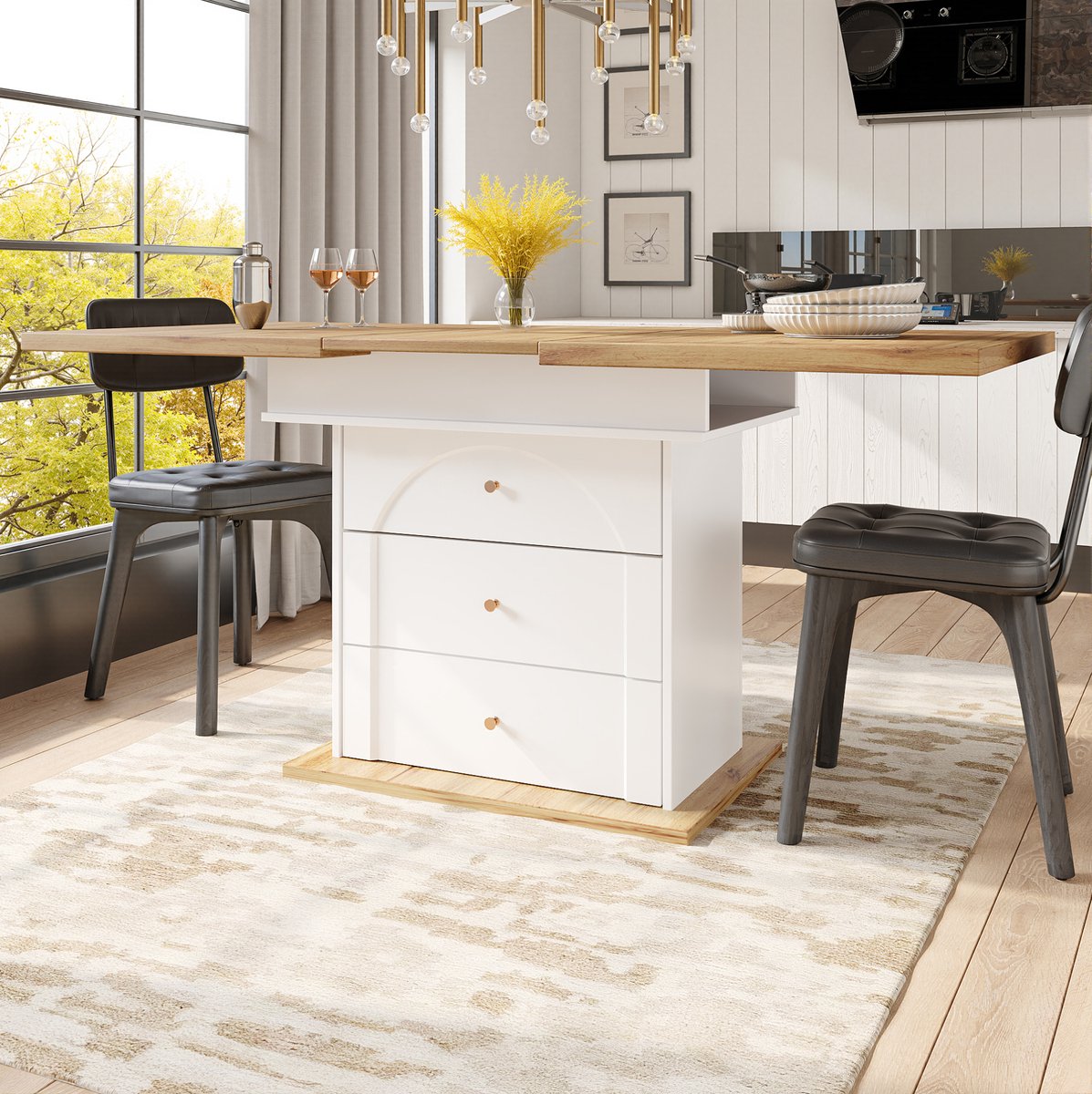 MEUNIQ uitschuifbare eettafel 110-140 x 80 x 75 cm met opbergruimte onder tafelblad, opklapbaar ontwerp voor 4-6 personen, keuken of woonkamer, naturel en wit