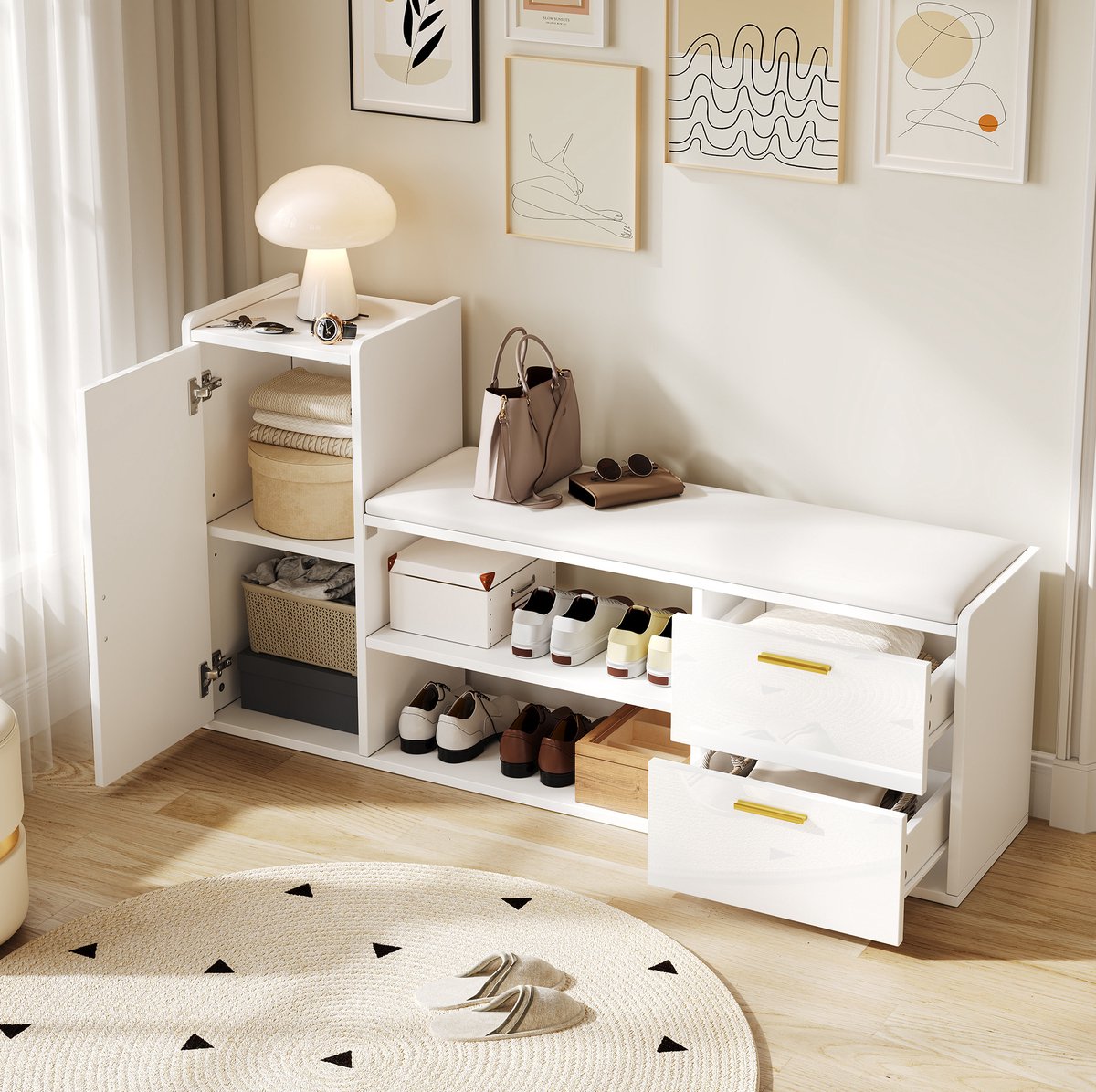 COVREO Schoenenkast 128x30x68 cm - wit hoogglans, zitbank, 2 lades, 1 kast