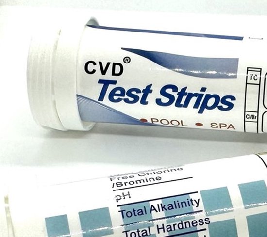 Rol CVD teststrips voor zwembad/spa, toont Vrije Chloor, Bromine, pH, Totale Alkaliteit en Totale Hardheid.