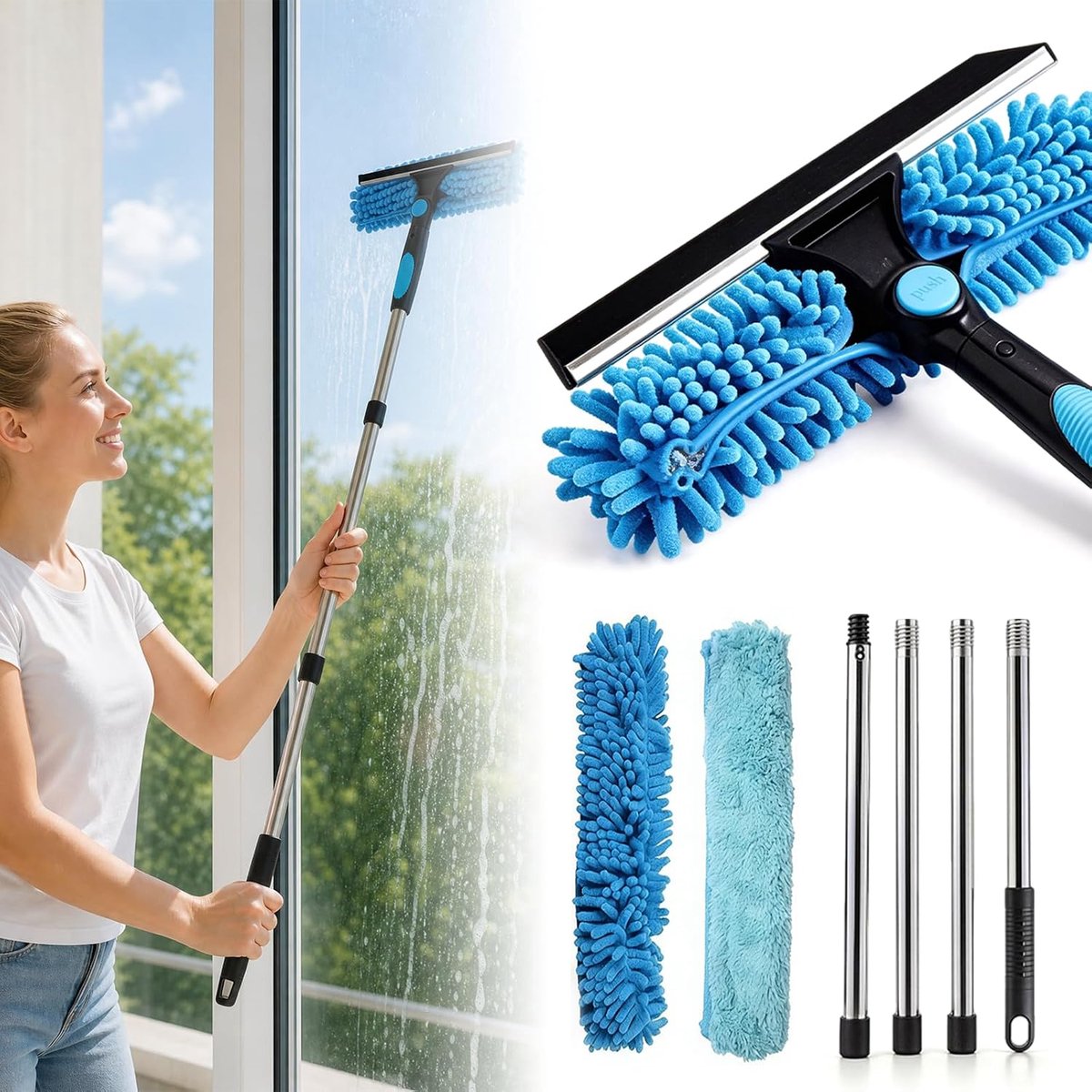 Telescoop raamwisser 171 cm - 4-delige steel - microvezel pad - ideaal voor ramen en moeilijke hoeken - ShopVlot