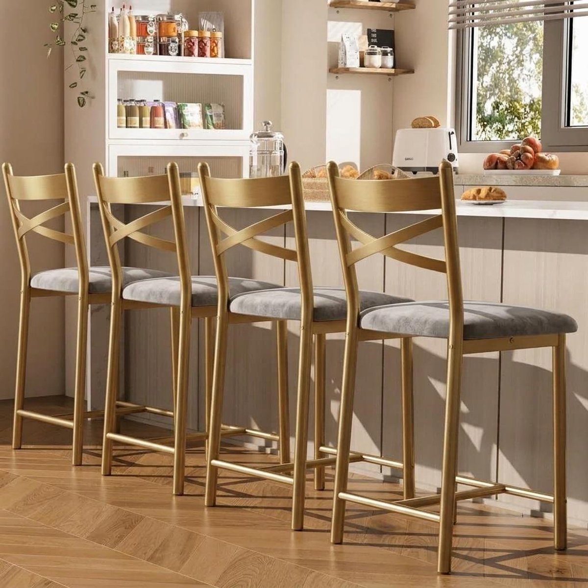 Moderne set barstoelen – gestoffeerde stoelen voor aanrecht hoogte met rugleuning en dikke PU-leder zitting, robuust zwaar belastbaar metalen frame, geschikt voor keukeneiland, eetkamer, bistro en restaurant, vintage zwart en goud