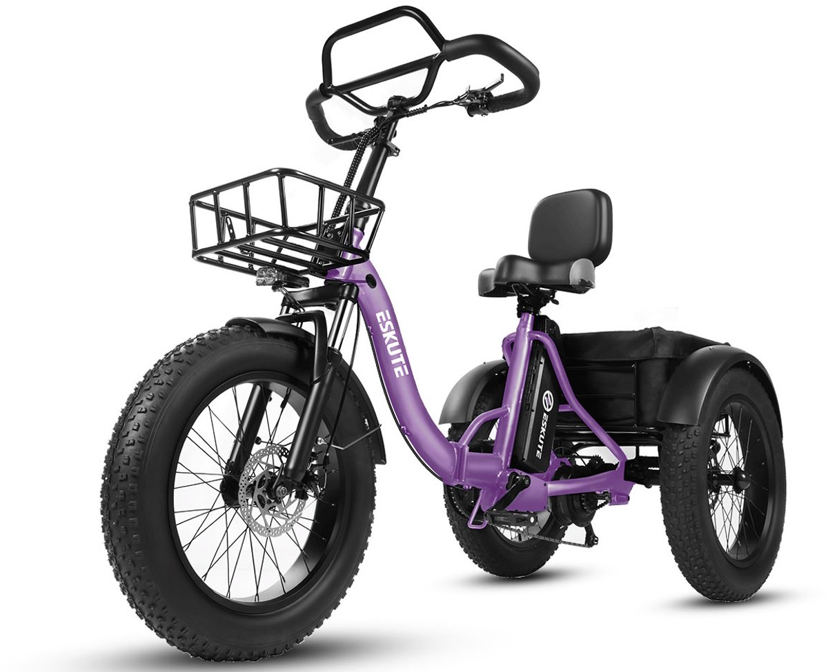 Opvouwbaar Elektrisch Driewieler – 250W Dik Klapfiets E-Bakfiets – 48V 20.8Ah Accu – 20"x4.0" Vetbanden – 7 versnellingen – 130km Bereik – 20 Inch Elektrische vouwfietsen – Paars