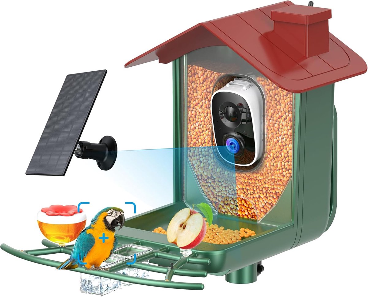 Vogelvoederhuisje op zonne-energie met camera voor buiten: slimme tuincamera, 2K HD live videocamera, AI-herkenning, kijkvenster, automatische opname, ideaal cadeau.