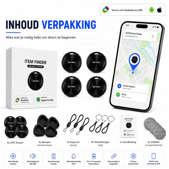 Inhoud van de verpakking: 4x Evy24 trackers, bumpers, sleutelhangers, handleiding en batterijen.