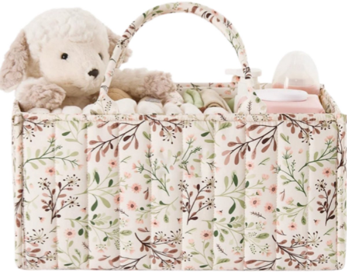 Luieropbergmand Met Bloemenprint, Stijlvolle Opbergmand Voor De Babykamer, Kraamcadeau, Onmisbaar Voor Pasgeborenen, Beige Met Bloemenprint