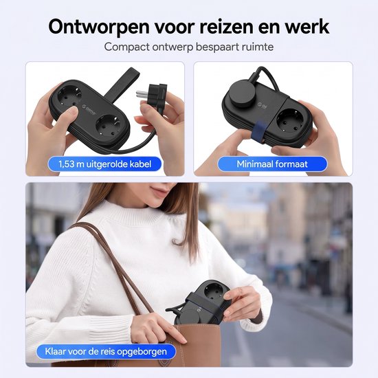 Zwarte reisstekkerdoos met uittrekbare kabel van 1,53 m, compact formaat, past in een handtas.