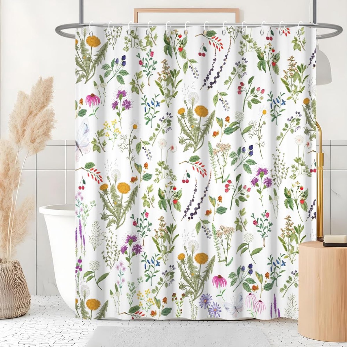 SnelShoppen - Douchegordijn Vintage Bloemen - Kleurrijk Bloemenpatroon - Groen Bladerenmotief - Smal Waterdicht Polyester - Anti-Schimmel - Wasbaar -