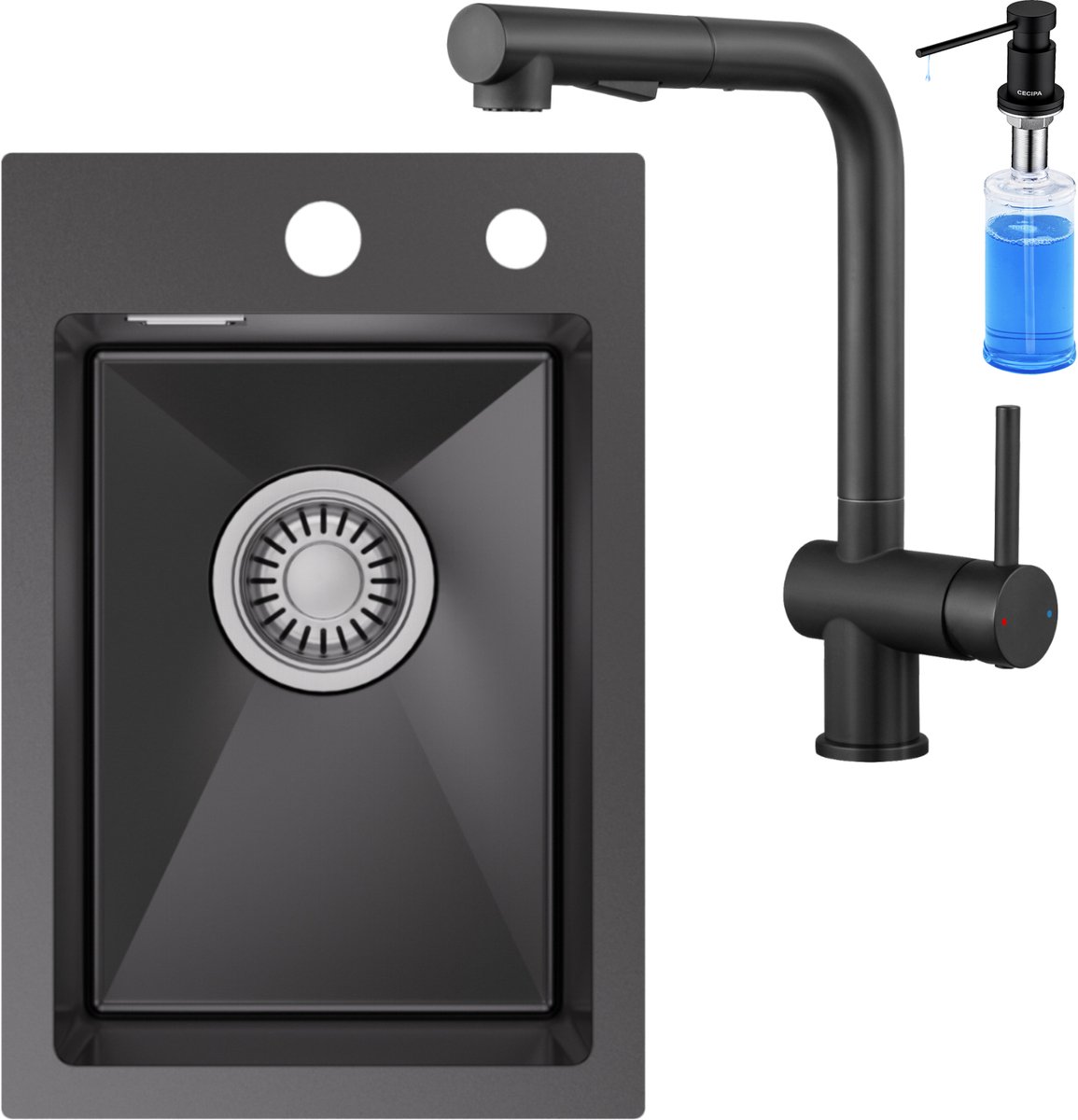 CECIPA max Spoelbak Met Kraangat - 30x45 cm Spoelbak Keuken Met Uittrekbare Keukenkraan en Zeepdispenser - Enkele spoelbak - Spoelbakken met Afdruip - Antraciet
