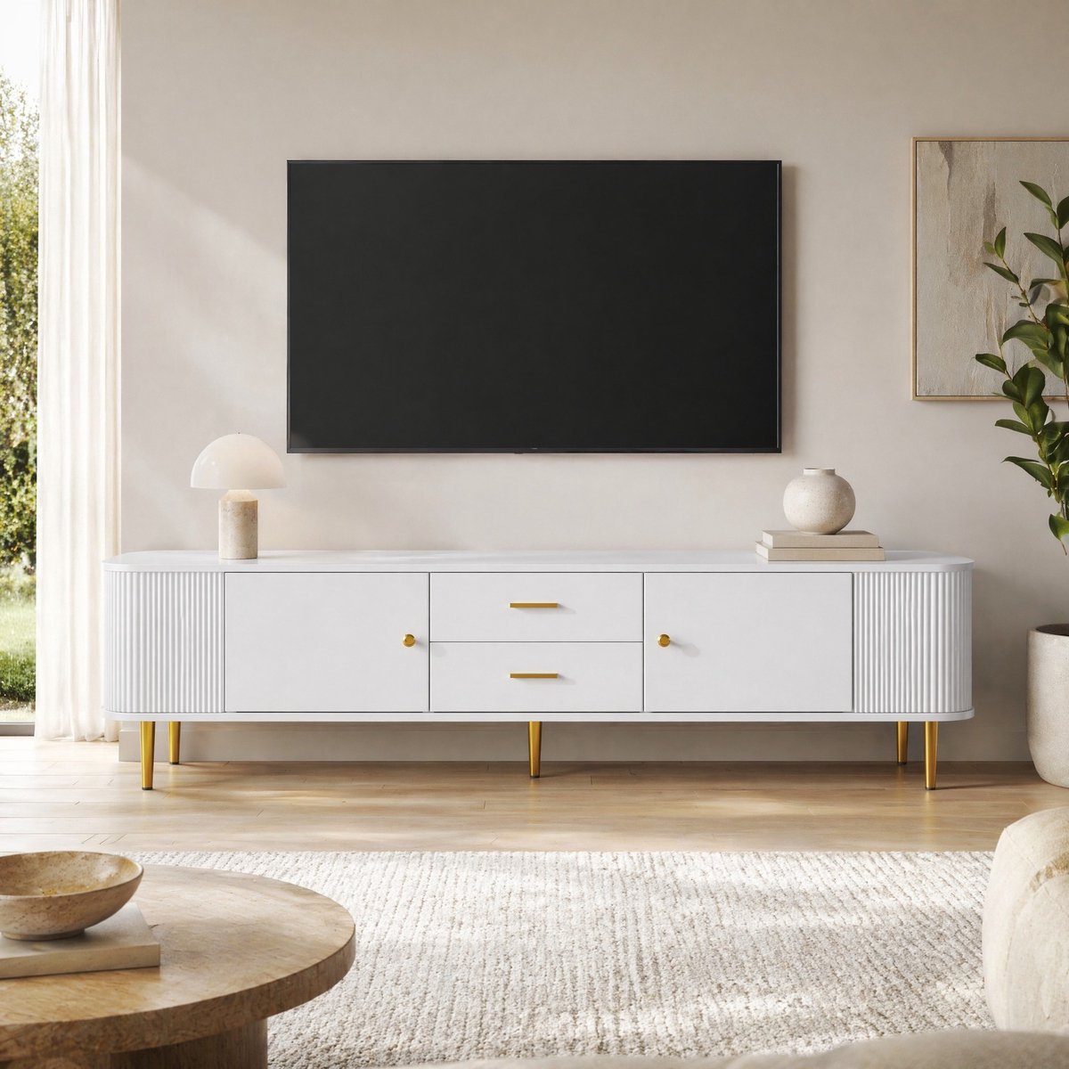 COVREO TV meubel 170x34x45 cm - wit MDF, 2 lades en 2 deuren met gouden details