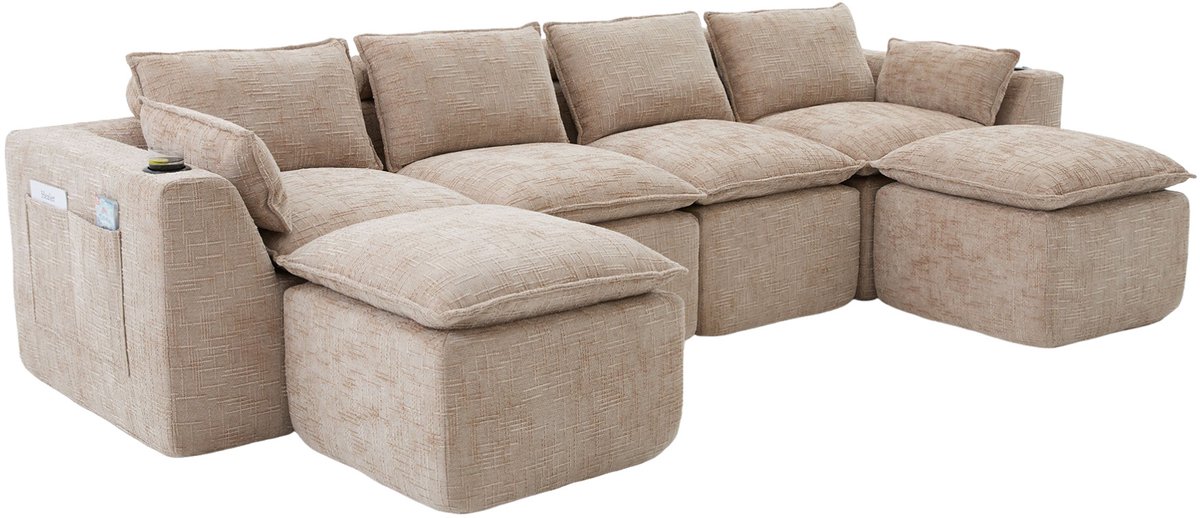 REDOM - Bank - Modulaire 4-zits opstelling - Met 2 voetenbankjes, kussens, drankhouder en zijvakken - Chenille - Woonkamer of ontvangstruimte - Khaki - 322 x 161 x 75 cm