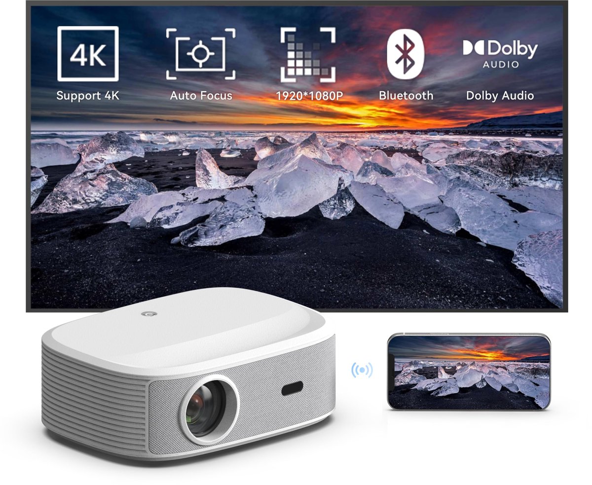 SnelShoppen - Maxxo Projector LED800, Native Full HD 1080P, 700 ANSI Lumen, 4K Ondersteuning, Autofocus, 5G WiFi, Bluetooth, Dolby Audio, Netflix Gece