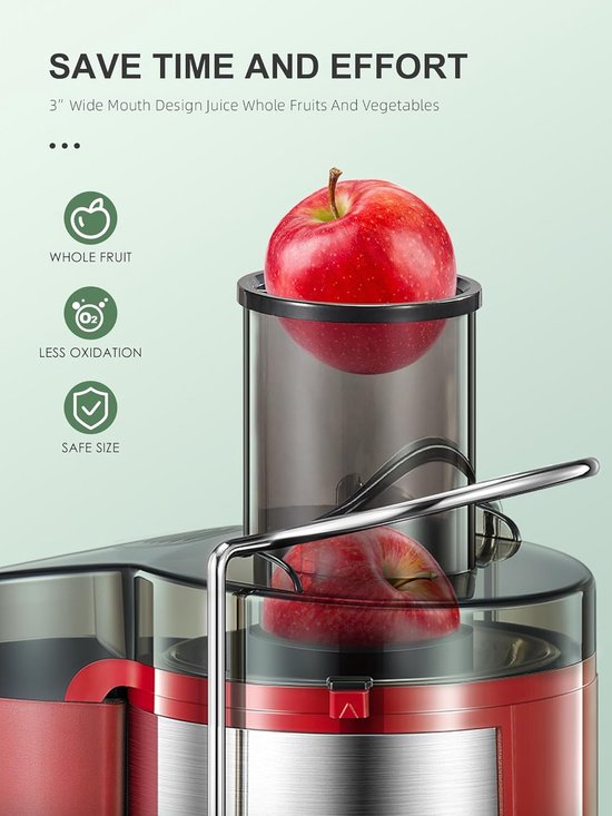 SnelShoppen - Sapcentrifuge voor Groenten en Fruit, 800W, 72 mm Vulopening, BPA-vrij, Rood, Makkelijk te Reinigen, Ideaal voor Keuken en Gezonde Snack van Snelshoppen — afbeelding 5