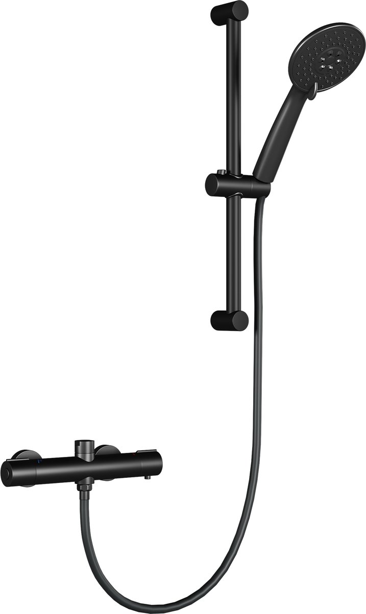 Thermostatische douchemengkraan complete set – roestvrij staal 304, veiligheidsknop voor 38°C, hoogteverstelbare doucherail, handdouche met 3 functies, 250 mm regendouche, 1,5 m slang, chroom, eenvoudige montage