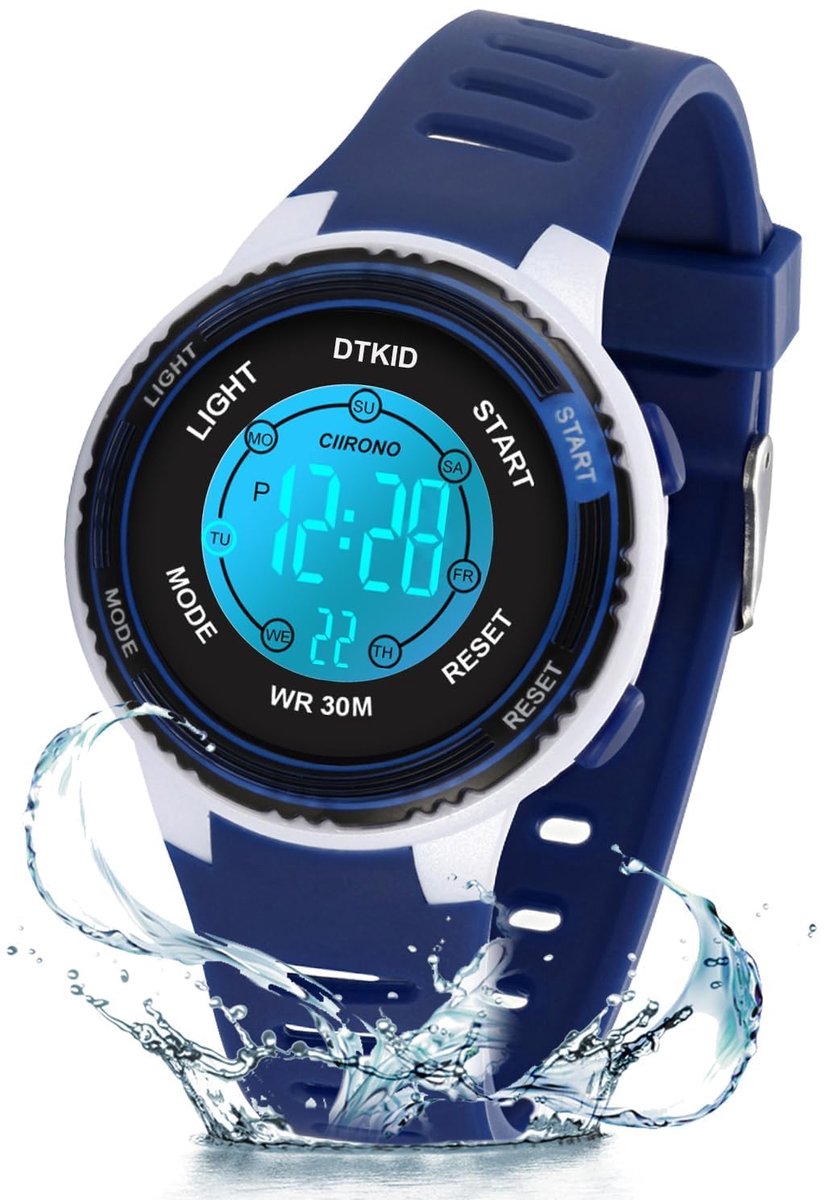 SnelShoppen - DTKID Digitaal Horloge voor Kinderen, Waterdicht Sporthorloge met 7 Kleuren, Timer, Wekker en Kalender voor Jongens en Meisjes