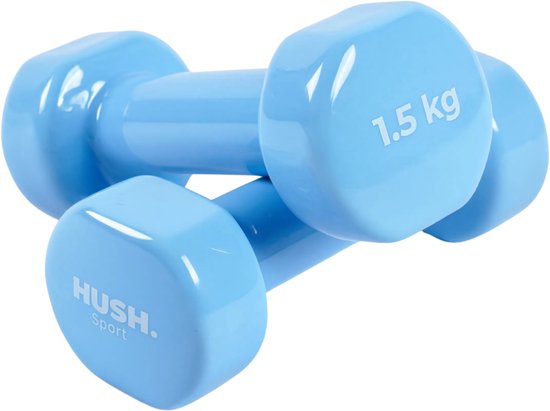 Twee lichtblauwe 1,5 kg HUSH Sport dumbbells op een witte achtergrond.