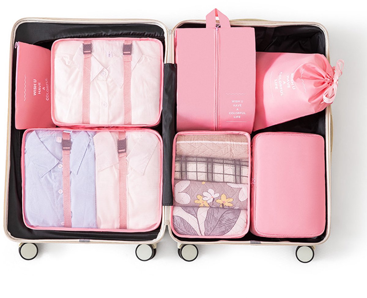 KZQ 7-delige organizerset - Reisorganizertassen met aparte vakken voor kleding en schoenen - Waterdicht, ademend en lichtgewicht - Perfect voor reizen, kamperen en weekendjes weg - Roze