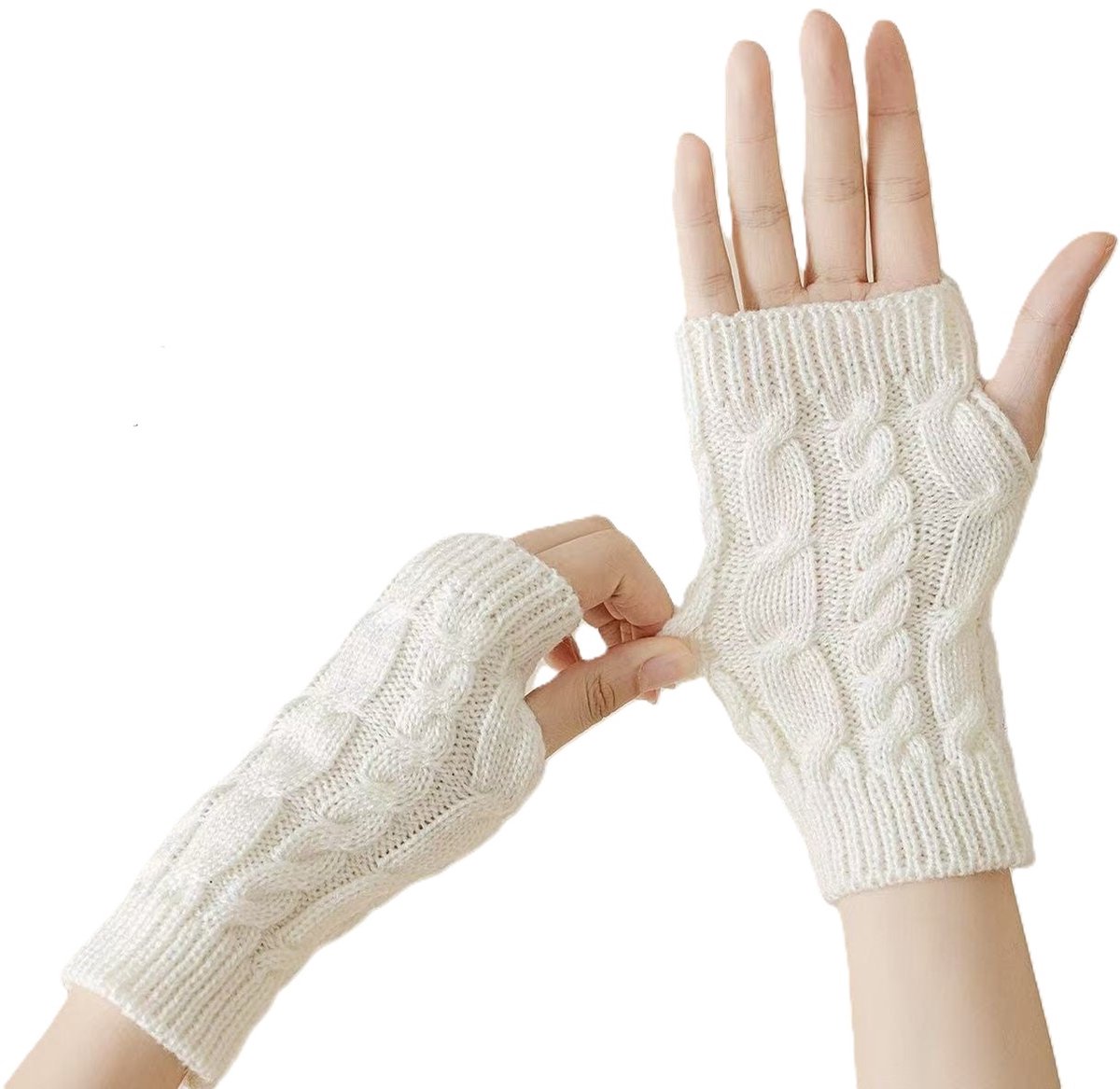 Handschoenen Zonder Vingers - Polswarmers - Winterhandschoen - Polswarmer - Vingerloze handschoen - Gebreide Dames – Wit - LOUZIR