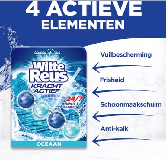 Witte Reus toiletblokken 'Oceaan' met 4 actieve elementen: vuilbescherming, frisheid, schoonmaakschuim en anti-kalk.
